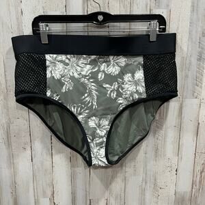 Skye+ Swimwear Green Floral Hibiscus Black Mesh Side Bikini Swim Bottoms 1X